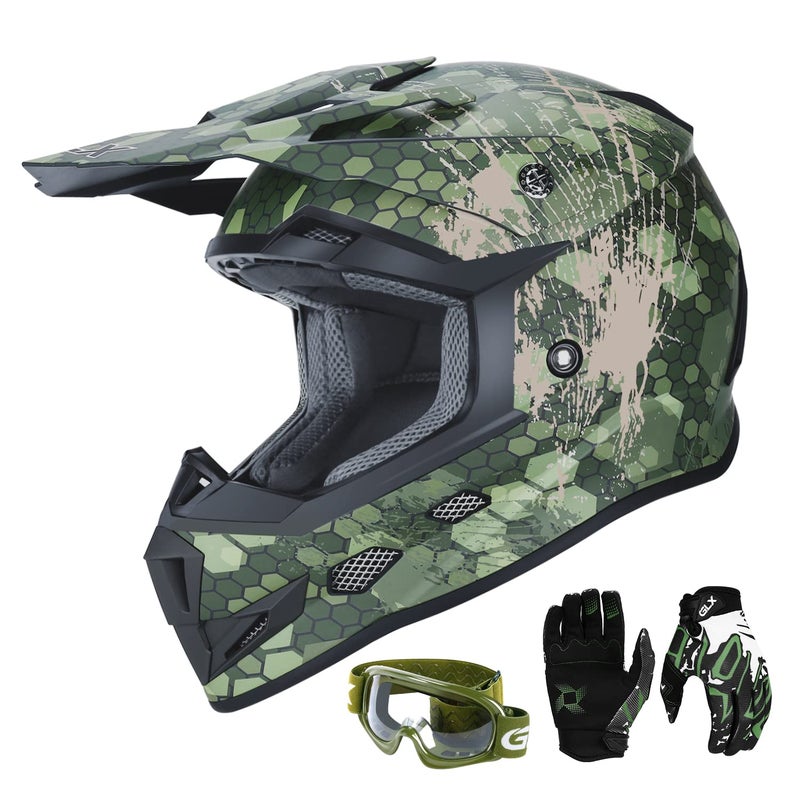 GLX GX623 Youth ATV/Dirt Bike Helmet Combo - Camo, Large - DOT - Image 1